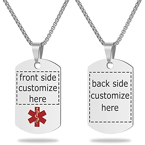 Medical Alert Necklace Free Custom Engraving Personalized Gift Silver Polished Stainless Steel ID Tag Pendant for Men Women - color: Silver, size: Free Customize