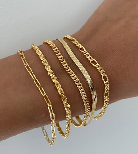 Gold Bracelets Set for Women Trendy, 14K Real Gold Plated Jewelry for Women Dainty Chain Bracelet Stack, Non Tarnish Gold Stackable Bracelets Pack Fashion Accessories Gifts - color: Style2-gold