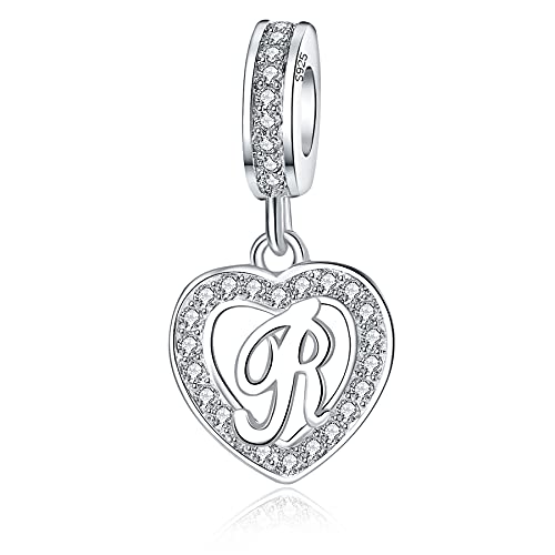 925 Sterling Silver Letter Charms A~Z Alphabet Charm Letter Beads fit Pandora European Bracelets fit Wife Mom Christmas Birthday Gift - color: R