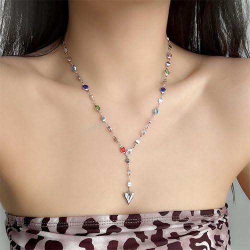 Long Heart Pendant Necklace Colorful Rhinestone Y Necklace Heart Lariat Jewelry Multicolor Party Outfit Accessory - color: A2:lariat necklace
