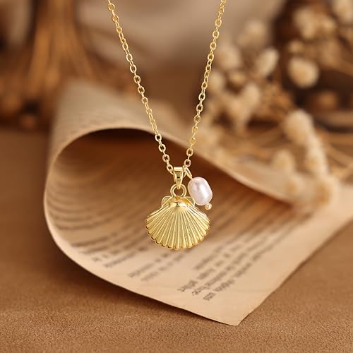 Shell Starfish Charm for Women, Dainty Layered 14K Gold Plated Seashell Conch Starfish Pearl Pendant Necklace for Women Stack Trendy Beach Cuban Link CZ Chain Necklace Summer Vacation Jewelry - color: Shell Pearl Necklace