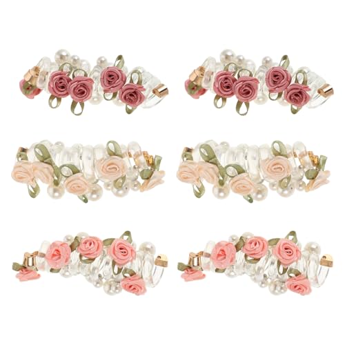 6pcs Pearl Flower Spiral Hair Ties Set – Multi Color (deep Pink, Cream, Light Pink) Coil Hair Bands for Women Ponytail Holders, No Crease Elastic Scrunchies for Festivals and Daily
