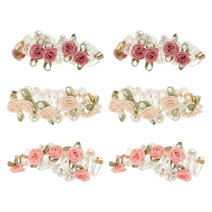 6pcs Pearl Flower Spiral Hair Ties Set – Multi Color (deep Pink, Cream, Light Pink) Coil Hair Bands for Women Ponytail Holders, No Crease Elastic Scrunchies for Festivals and Daily