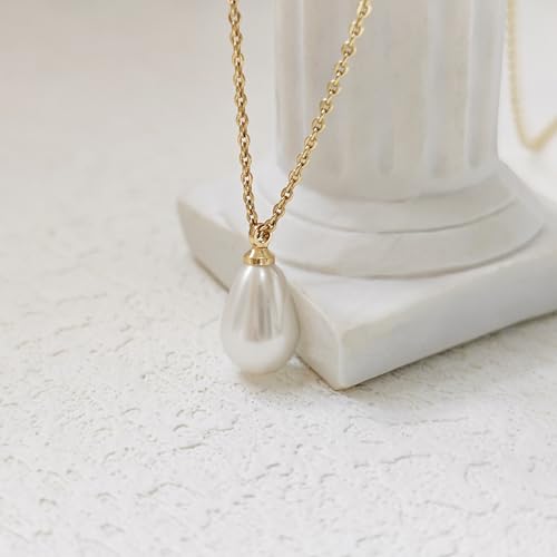 Zeffy Gold Pearl Necklace for Women, Dainty 14K Gold/Silve Plated Layered Pearl Choker Pearl Earrings Pearl Bracelets Wedding Trendy Gold Jewelry Set for Women Gifts - style: Gold Teardrop Pearl Necklace-1PCS