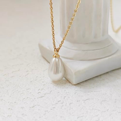 Zeffy Gold Pearl Necklace for Women, Dainty 14K Gold/Silve Plated Layered Pearl Choker Pearl Earrings Pearl Bracelets Wedding Trendy Gold Jewelry Set for Women Gifts - style: Gold Teardrop Pearl Necklace-1PCS