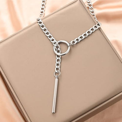 Slip Chain Necklace for Women Gothic Stainless Steel Bar Pendant Cuban Link Necklaces Adjustable Goth O Ring Long Necklaces Punk Rock Collar Choker Trendy Lariat Y Necklace - color: Silver