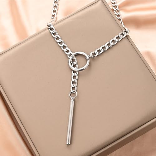Heart O Ring Slip Chain Choker Necklace for Women Men Stainless Steel Cuban Chain Y-shape Necklaces Punk Rock Collar Adjustable Lariat Y Necklace Prom Necklaces Jewelry - color: Silver Bar