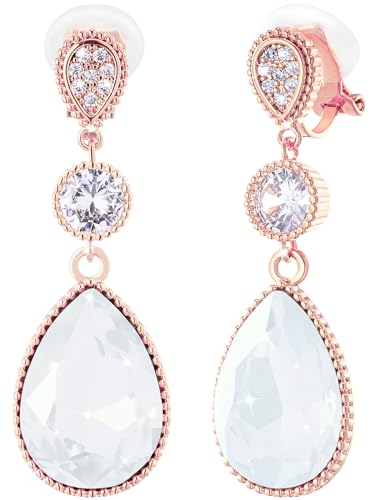 Clip On 18 * 13MM Big Crystal Dangle Non Pierced Earrings for Women 14K Gold Plated Jewelry - color: Oct-Opal-Rose Gold Plated