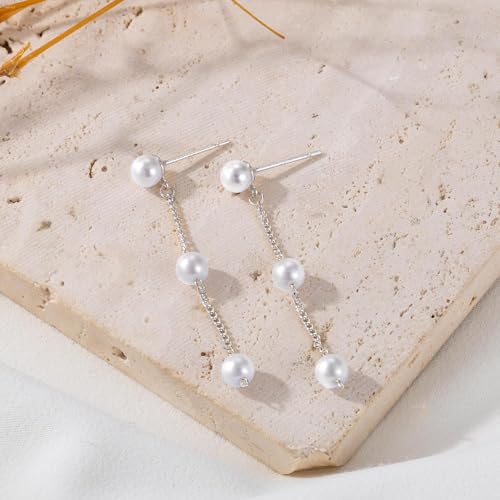 Moodear Pearl Earrings for Women, 14K Gold Plated Drop Earrings Jewelry | Lightweight Hypoallergenic Pearl Drop Dangle Earrings, Wedding Jewelry Gift, Dainty Design, Daily Wear & Special Occasions - style: pearl-drop silver