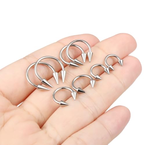 Long Spike Septum Rings 16G Surgical Steel Snake Bite Jewelry Lip Rings Smiley Piercing Jewelry for Women Men 6mm/8mm/10mm/12mm - color: silver-tone,8pcs,16g,Dia.6-12mm