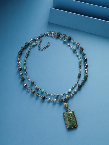 MINACHI Boho Layered Necklace with Green Aventurine-Toned Pendant, Handmade Beaded Chain Jewelry, Vintage Hippie Necklace for Women