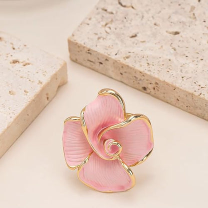 Kokoma Elegant Pink Enamel Rose Flower Ring for Women, Adjustable Open Band Floral Statement Wedding Promise Band Ring Fashion Jewelry