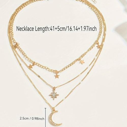 Layered Gold Necklaces for Women， 14K Gold Plated Stackable Star Moon Pendant Necklace for Women - color: gold