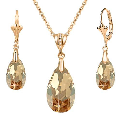 Austrian Crystals Teardrop Pendant Necklace Earrings for Women 14K Gold Plated Hypoallergenic Leverback Drop Dangle Earrings Jewelry Set - color: Light Topaz
