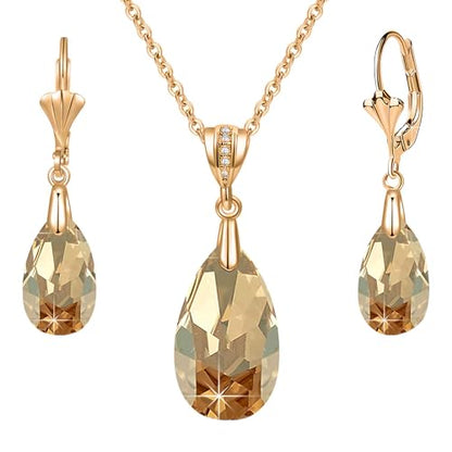 Austrian Crystals Teardrop Pendant Necklace Earrings for Women 14K Gold Plated Hypoallergenic Leverback Drop Dangle Earrings Jewelry Set - color: Light Topaz