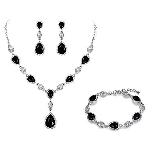 EleQueen Women's Wedding Bridal Jewelry Sets for Brides Bridesmaids, Cubic Zirconia Teardrop Necklace Tennis Bracelet Dangle Earrings Jewellery Set - color: 06-Black Color Clear-Tone