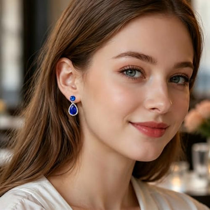 Drop Dangle Earrings Teardrop Gemstone Waterdrop White Gold Plated Crystal Hanging Cubic Zirconia Ruby Sapphire Emerald Jewelry Gift for Women Mother Wife - color: Sapphire