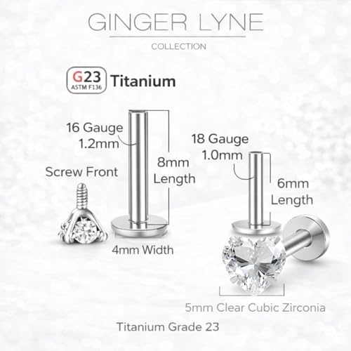 Titanium Heart CZ Labret Stud Earrings for Piercings by Ginger Lyne 6Pc Set G23 Screw Front Flat Back Body Jewelry 2 pair post 6mm, 8mm Cartilage, Helix, Tragus, Lip, Conch, Lobe - color: 5mm-Clear