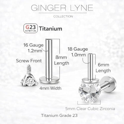 Titanium Heart CZ Labret Stud Earrings for Piercings by Ginger Lyne 6Pc Set G23 Screw Front Flat Back Body Jewelry 2 pair post 6mm, 8mm Cartilage, Helix, Tragus, Lip, Conch, Lobe - color: 5mm-Clear