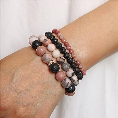 Vinswet 4pcs Beaded Bracelets for Women,Natural Healing Crystal Gemstones Bracelet,Anxiety Stress Relief Bracelet Handmade purple Jewelry Gifts for Women - color: Pink zebra&Lava Rock&Rhodochrosite