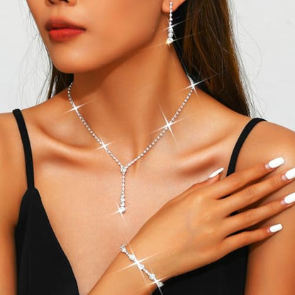 Bride Silver Bridal Necklace Earrings Set Crystal Wedding Jewelry Set Rhinestone Choker Necklace for Women and Brides - color: E Silver