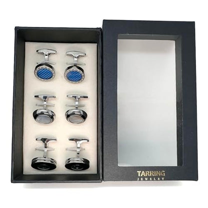 Cufflinks for Men, Stainless Steel Classic Black Pearl, Blue Carbon Fiber CuffLinks men's accessories, Great Gift for Father, Husband - style: 3 pairs-A