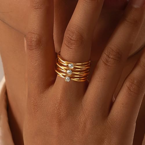 Elegant Gold Stackable Rings with Sparkling Clear Gemstones Minimalist Modern Jewelry for Women Fashion Stacked Ring Set for Daily