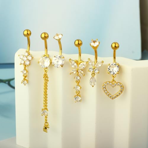 TIANCI FBYJS Surgical Stainless Steel Dangle Belly Button Rings for Women Belly Ring Dangling Piercing Jewelry with Heart Flower Butterfly Silver 14G - color: gold color
