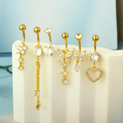 TIANCI FBYJS Surgical Stainless Steel Dangle Belly Button Rings for Women Belly Ring Dangling Piercing Jewelry with Heart Flower Butterfly Silver 14G - color: gold color