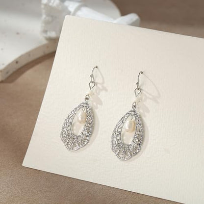 Crysdue Simulated Pearl Earrings for Women, Dainty Silver/Gold/Rose Gold Plated Cubic Zirconia Drop Dangle Earrings Wedding Jewelry for Bride Bridesmaid - style: V_CZ+Pearl, Silver