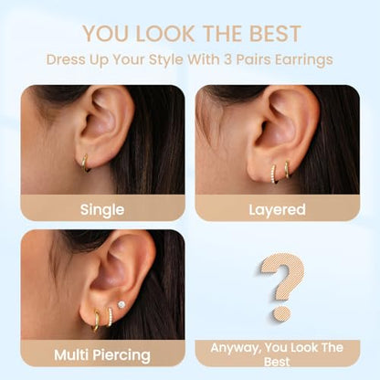 Small Gold Hoop Earrings Set for Women: Diamond-Shine Cubic Zirconia Stud Earrings - 14K Gold Plated Hypoallergenic Non-Tarnish, Stack Mini Cute Trendy Statement Earrings Gift (3 Pairs) - color: 3 Pairs/Gold/Small