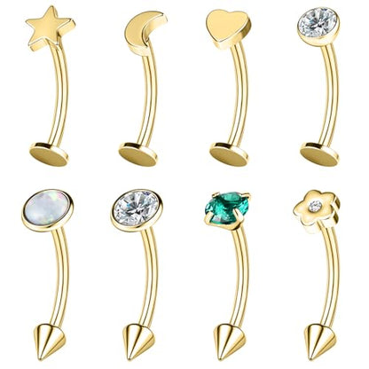 ZS 8Pcs 16G Eyebrow Piercing Jewelry Spike Eyebrow Ring, Stainless Steel Curved Barbell Flat Back Lip Stud Daith Rook Piercing for Women Men 8mm 10mm - color: Gold, size: L:8mm