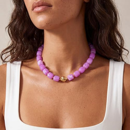 Beaded Necklaces for Women Boho Chunky Necklace Statement Big Resin Bead Choker Fashion Summer Beach Jewelry - color: Light Purple