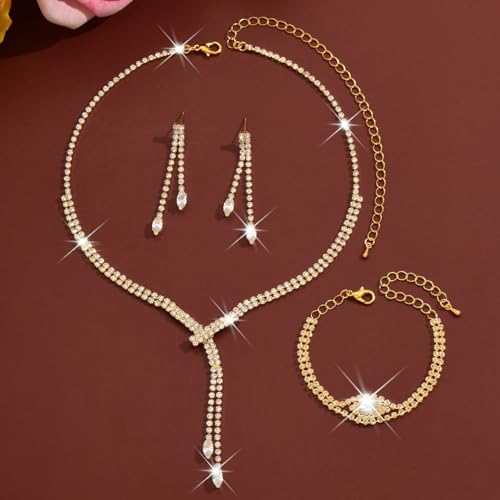4 Pieces Cubic Zirconia Wedding Jewelry Sets for Bride Rhinestone Bridal Jewelry Set Necklace Bracelet Earring Ring for Brides Bridesmaid for Wedding Party - color: 4 PCS-Gold