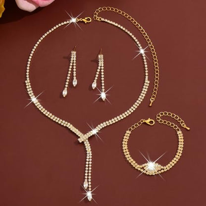 4 Pieces Cubic Zirconia Wedding Jewelry Sets for Bride Rhinestone Bridal Jewelry Set Necklace Bracelet Earring Ring for Brides Bridesmaid for Wedding Party - color: 4 PCS-Gold