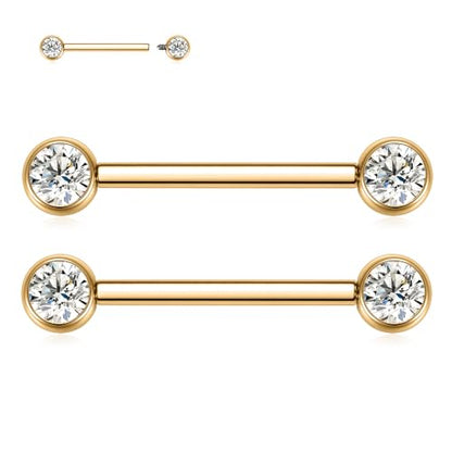 FUNLMO 2pcs Nipple Piercing Jewelry Titanium Nipple Rings Internally Threaded Tongue Rings Bridge Piercing Jewelry Nipple Barbells 14G 12-20mm - color: Gold,Clear CZ