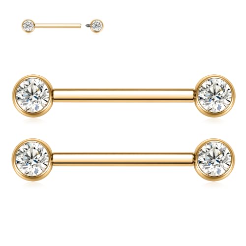 FUNLMO 2pcs Nipple Piercing Jewelry Titanium Nipple Rings Internally Threaded Tongue Rings Bridge Piercing Jewelry Nipple Barbells 14G 12-20mm - color: Gold,Clear CZ