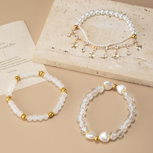 Besydec Stackable Boho Beaded Bracelets With Natural Stone & Pearl Heart & Clay Beads for Women,Adjustable Silver Jewelry - color: White