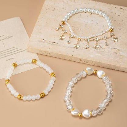 Besydec Stackable Boho Beaded Bracelets With Natural Stone & Pearl Heart & Clay Beads for Women,Adjustable Silver Jewelry - color: White