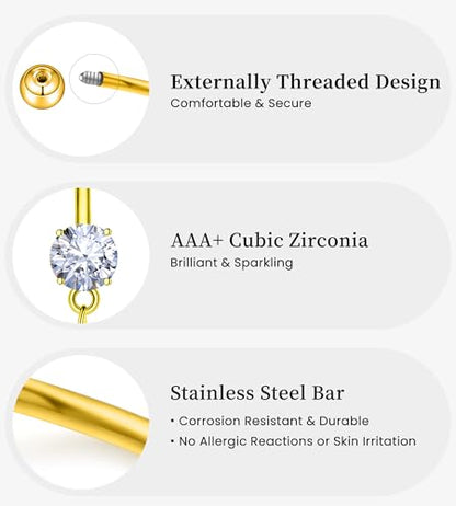 BSJ4U 8Pcs Gold Pink Silver Belly Button Ring Dangle Navel Belly Piercing Jewelry Cute CZ Butterfly Heart Flower Bow Navel Belly Rings for Women 14G Hypoallergenic Surgical Stainless Steel Dainty Dangling Dangly Belly Button Piercing Pack - color: Gold Be