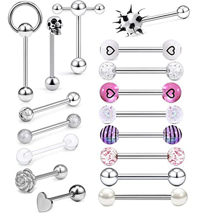 14G Surgical Steel Tongue Rings for Women Men Acrylic Clear Tongue Piercing Jewelry Teaser Slave Ring Skull/Flower/Silicone Soft Spike Ball/CZ/Door Knocker/Pill Tongue Barbell Bars 5/8inch - color: 17pcs mix