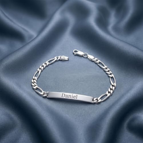 LeCalla Personalized Customised Engraved Name Men's Figaro Chain ID Bracelet in 925 Sterling Silver Personalized Custom Birthday Christmas Fathers Day Jewelry Gift for Dad Husband - color: Thickness 5.5 mm