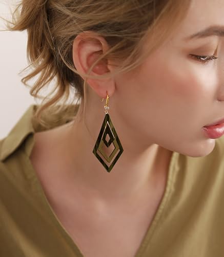 Ozel - Natural Wooden Acrylic Boho Drop Dangle Earrings for Women - Geometric Statement Jewellery - Brown, Black, Magent Red, Olive Green, White beige - color: Diamond_Olive
