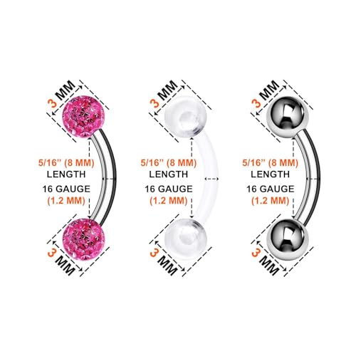 Surgical Steel Curved Barbell Ring 16g 5/16 8mm 3mm Ferido Ball Helix Earring Eyebrow Piercing Jewelry Choose Colors and Size - color: Q-6pcs-Rose-16g-5/16"(8mm)-3mmBall
