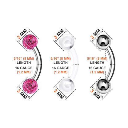 Surgical Steel Curved Barbell Ring 16g 5/16 8mm 3mm Ferido Ball Helix Earring Eyebrow Piercing Jewelry Choose Colors and Size - color: Q-6pcs-Rose-16g-5/16"(8mm)-3mmBall