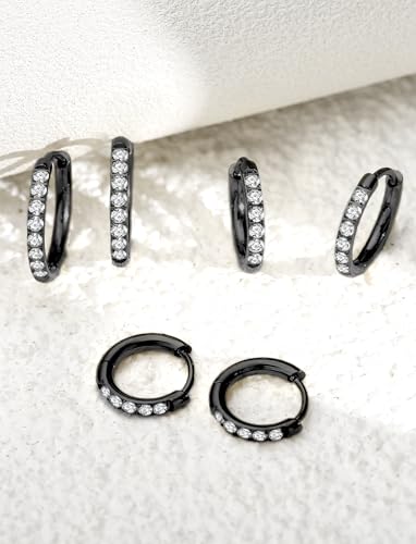 316L Surgical Steel Huggie Hoop Earrings | Dainty Pave Cubic Zirconia Cartilage Tiny Earring for Sensitive Ears Hypoallergenic Lightweight for Women Men - style: Black,18G*8/10/12mm