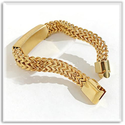 Xusamss Mens Cuban Link Bracelet Stainless Steel Double Layer Chain Jewelry Heavy Blank Bar Design Link Bracelet for Men - color: Gold
