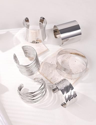REVOLIA 6Pcs Chunky Cuff Bracelets Set for Women Minimalist Irregular Statement Wrist Cuff Adjustable Hammered Bangles Bracelets Open Wide Wire Arm Cuff Bracelet - color: Silver-B
