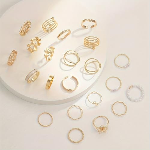Chunky Gold Rings for Women Non Tarnish, Baroque Pearl Flower Tiger's Eye Stone Rings Adjustable Stacking Statement Rings Set Fashion Jewelry Gifts - style: Enamel/flower/small pearl