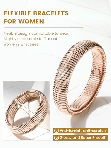 KeyStyle Bangle Bracelets For Women, Stainless Steel Stretch Bracelet Wide | 14K Gold/Rose Gold/Black/Silver Plated Flexible Wide Twisted Link Chain Wristband Jewelry, 10Mm, 16Mm, 20Mm - color: 16mm - Rose Gold